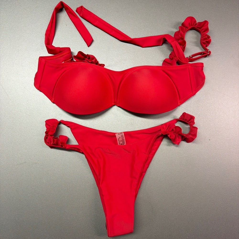 SHEIN Red Ruffle Bikini Set Women's Size Small Padded Strapless Swimwear